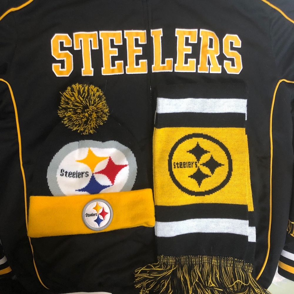 Steelers Varsity jacket hat and scarf